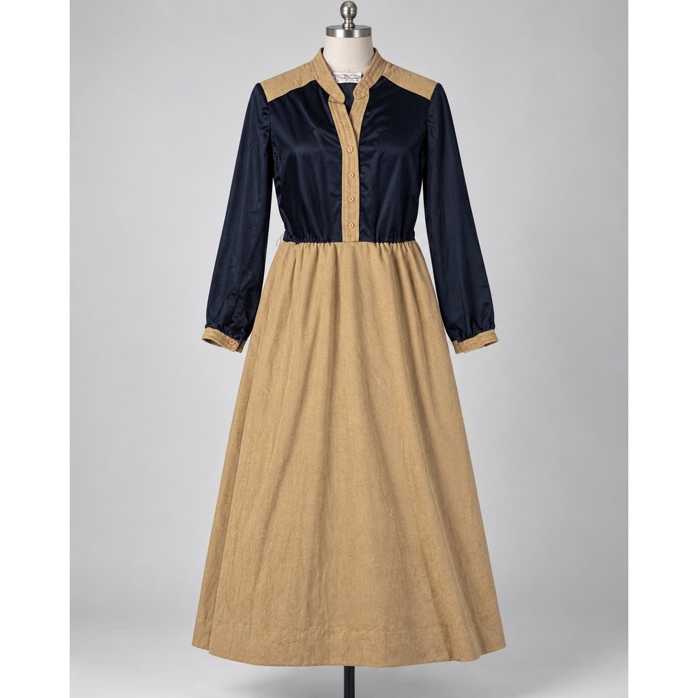 Vintage 70s Kay Windsor Maxi Dress Navy Tan Faux Suede ILGWU Union Made USA